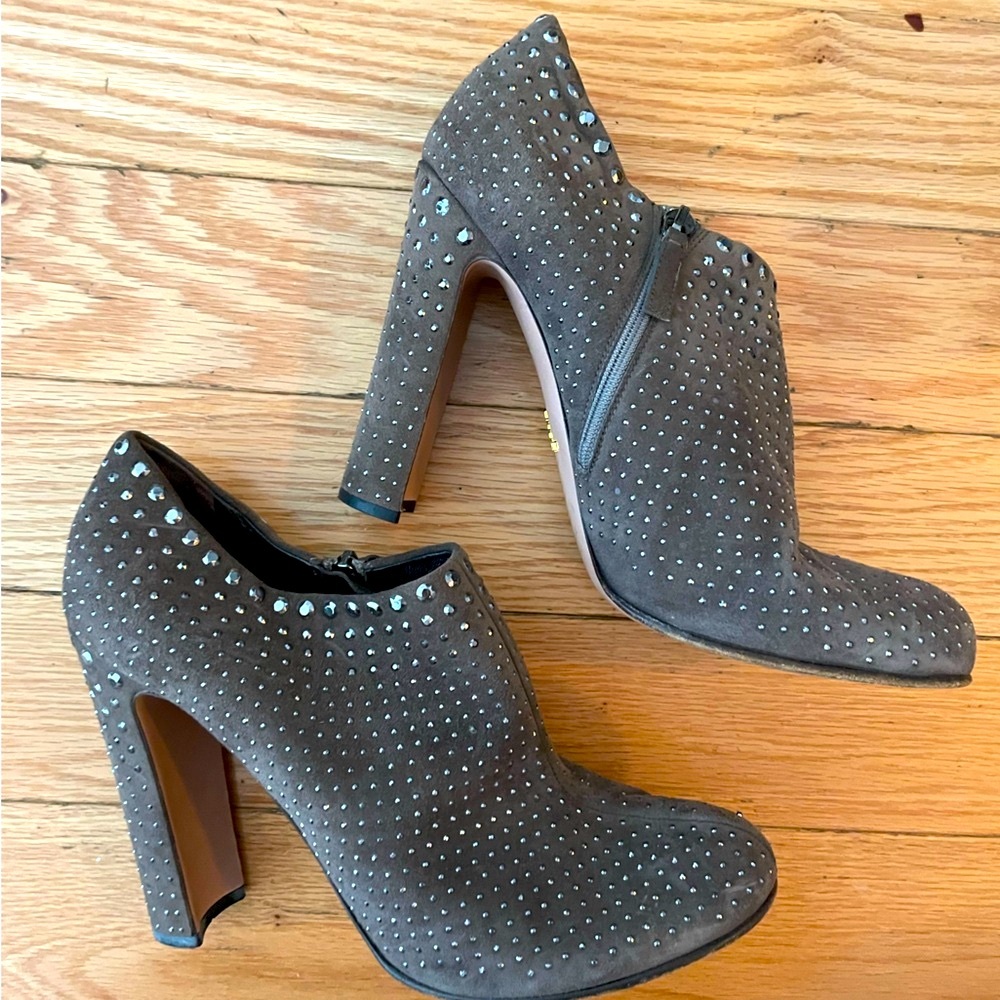 Prada Taupe Suede Studded Ankle Boots